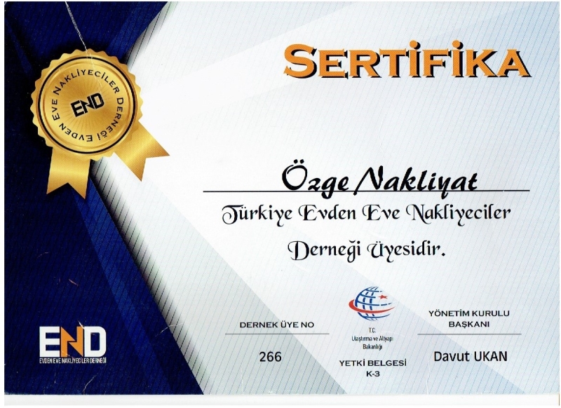 Evden Eve Nakliyeciler Derneği Üyelik Belgesi